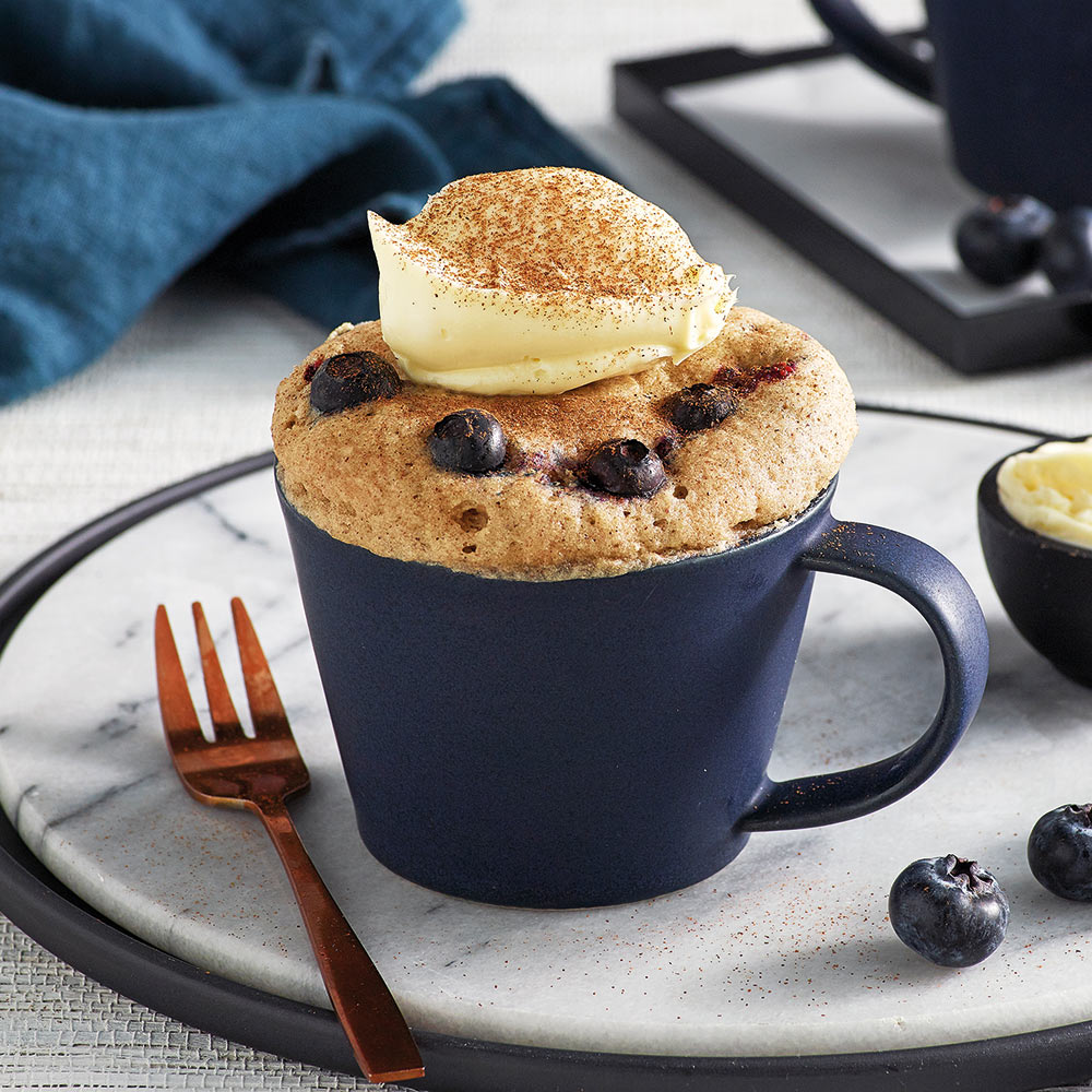 the Wave Range recipes - vanilla blueberry mug cake with cream cheese icing