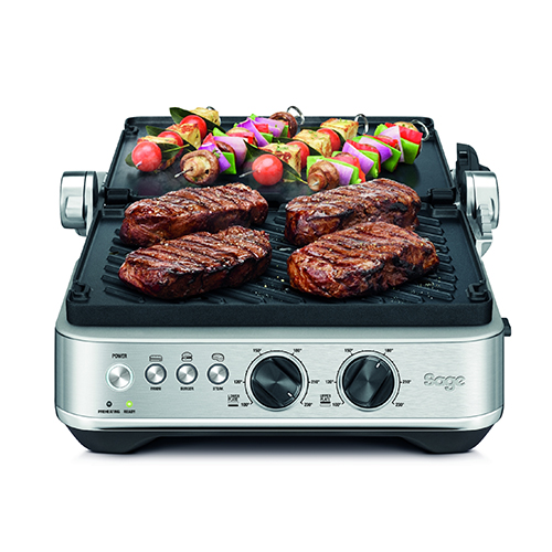 the BBQ & Press™ Grill in Brushed Stainless Steel OPEN FLAT BBQ MODE