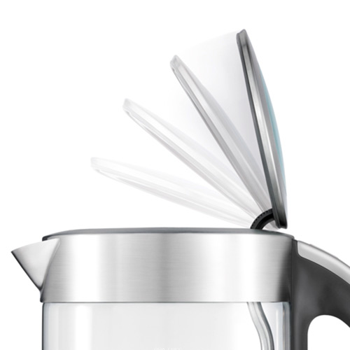 the Crystal Clear in glass kettle with brushed stainless steel soft top lid