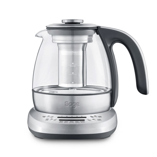 the Sage Smart Tea Infuser™ Compact Tea Maker in Glass kettle with brushed stainless steel base hot water boiler