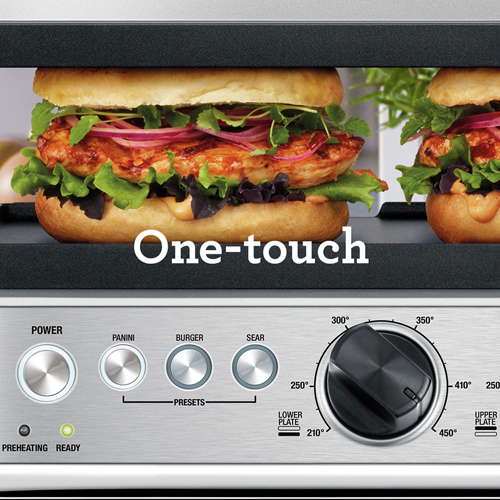 the BBQ & Press™ Grill in Brushed Stainless Steel ONE-TOUCH PRESETS